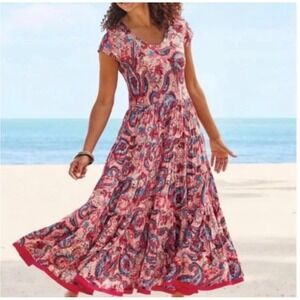 Soft Surroundings Tiered Maxi Dress Bohemian Cap Sleeve Red Blue szS
